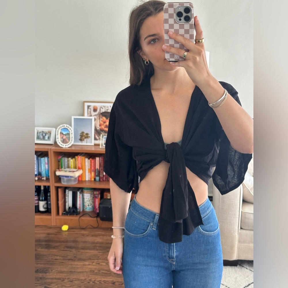 Black tie-front top